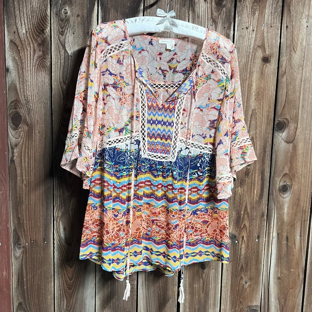 Meadow Rue Boho Sheer Floral Peasant Blouse Flowy Bat Wings Crochet Lace Sz L - Picture 7 of 14